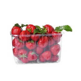 Photo of Fresh ripe strawberries and green leaves in plastic container isolated on white