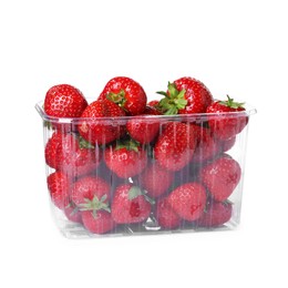 Photo of Fresh ripe strawberries in plastic container isolated on white