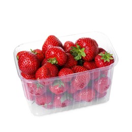 Photo of Fresh ripe strawberries in plastic container isolated on white