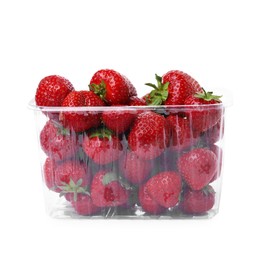 Photo of Fresh ripe strawberries in plastic container isolated on white
