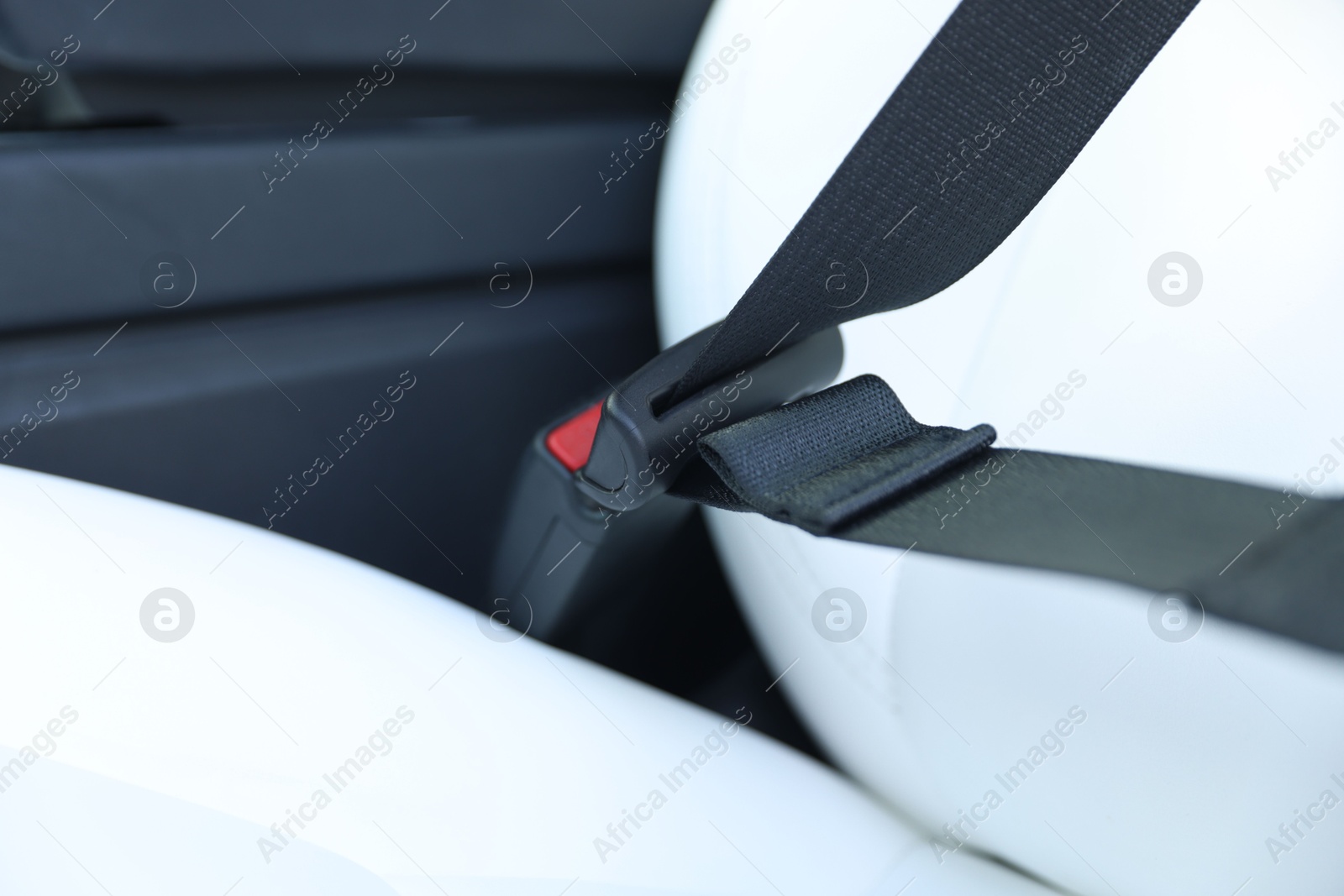 Safety belt and seat inside of modern car, closeup Photo of Safety belt and seat inside of modern car, closeup