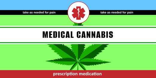 Illustration of Medical cannabis. Prescription drug label with hemp leaf, banner design