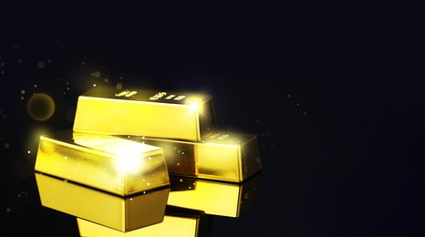 Image of Shiny gold bars on black background. Banner design with space for text