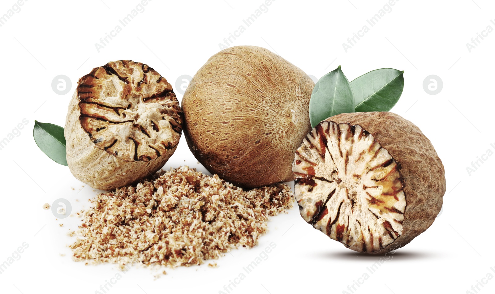 Nutmeg seeds with green leaves on white background. Aromatic spice Image of Nutmeg seeds with green leaves on white background. Aromatic spice