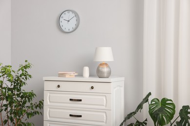 Photo of Different decor on white chest of drawers and houseplants indoors