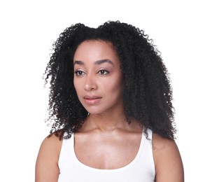 Photo of Beautiful Brazilian woman with healthy skin on white background