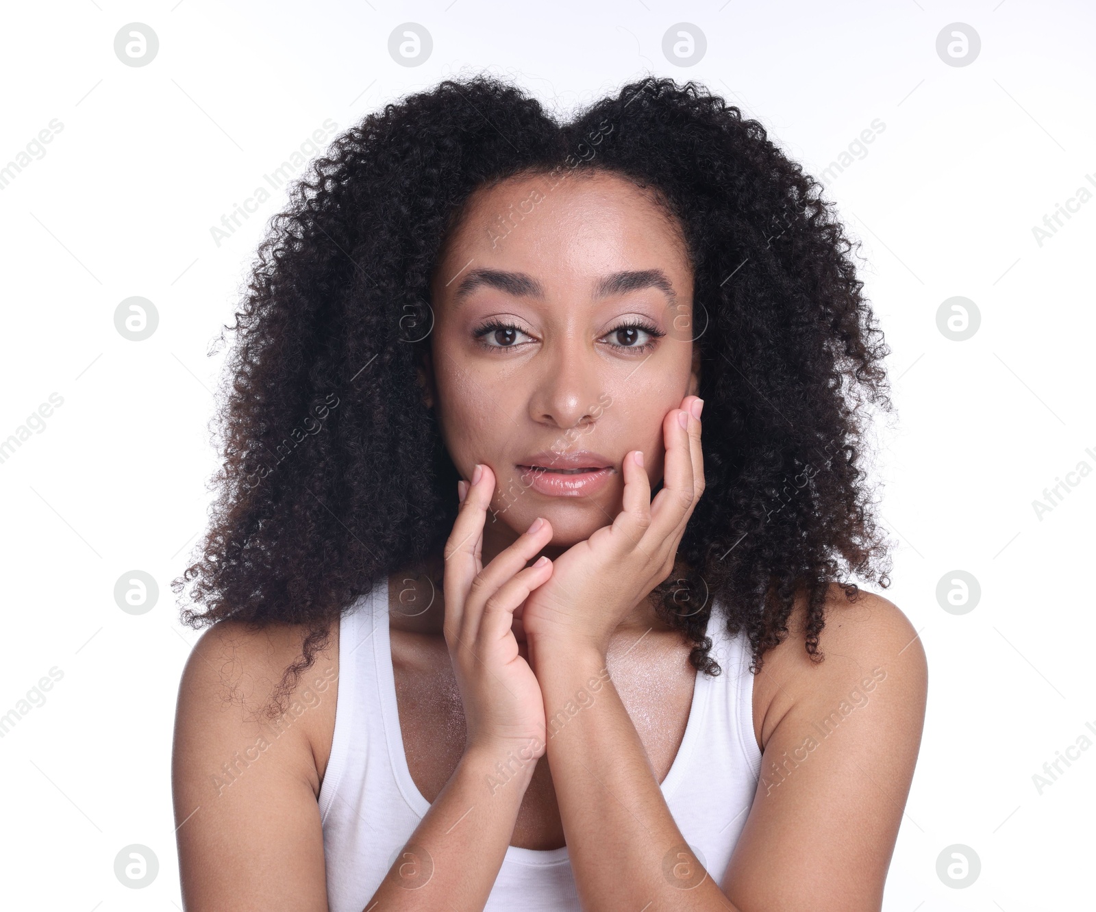 Beautiful Brazilian woman with healthy skin on white background Photo of Beautiful Brazilian woman with healthy skin on white background