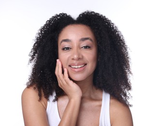 Photo of Beautiful Brazilian woman with healthy skin on white background