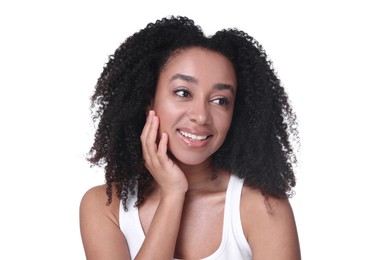 Photo of Beautiful Brazilian woman with healthy skin on white background