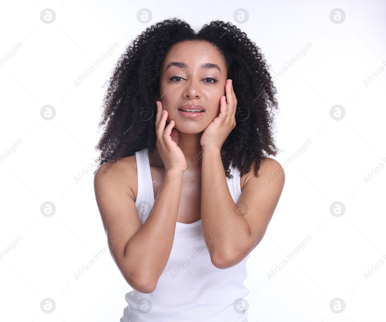 Beautiful Brazilian woman with healthy skin on white background Photo of Beautiful Brazilian woman with healthy skin on white background