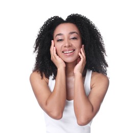 Photo of Beautiful Brazilian woman with healthy skin on white background