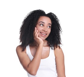 Photo of Beautiful Brazilian woman with healthy skin on white background