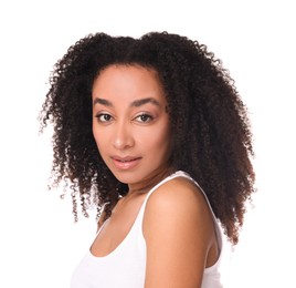 Photo of Beautiful Brazilian woman with healthy skin on white background