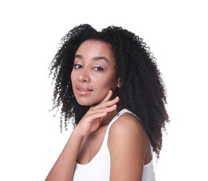 Photo of Beautiful Brazilian woman with healthy skin on white background