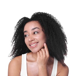 Photo of Beautiful Brazilian woman with healthy skin on white background