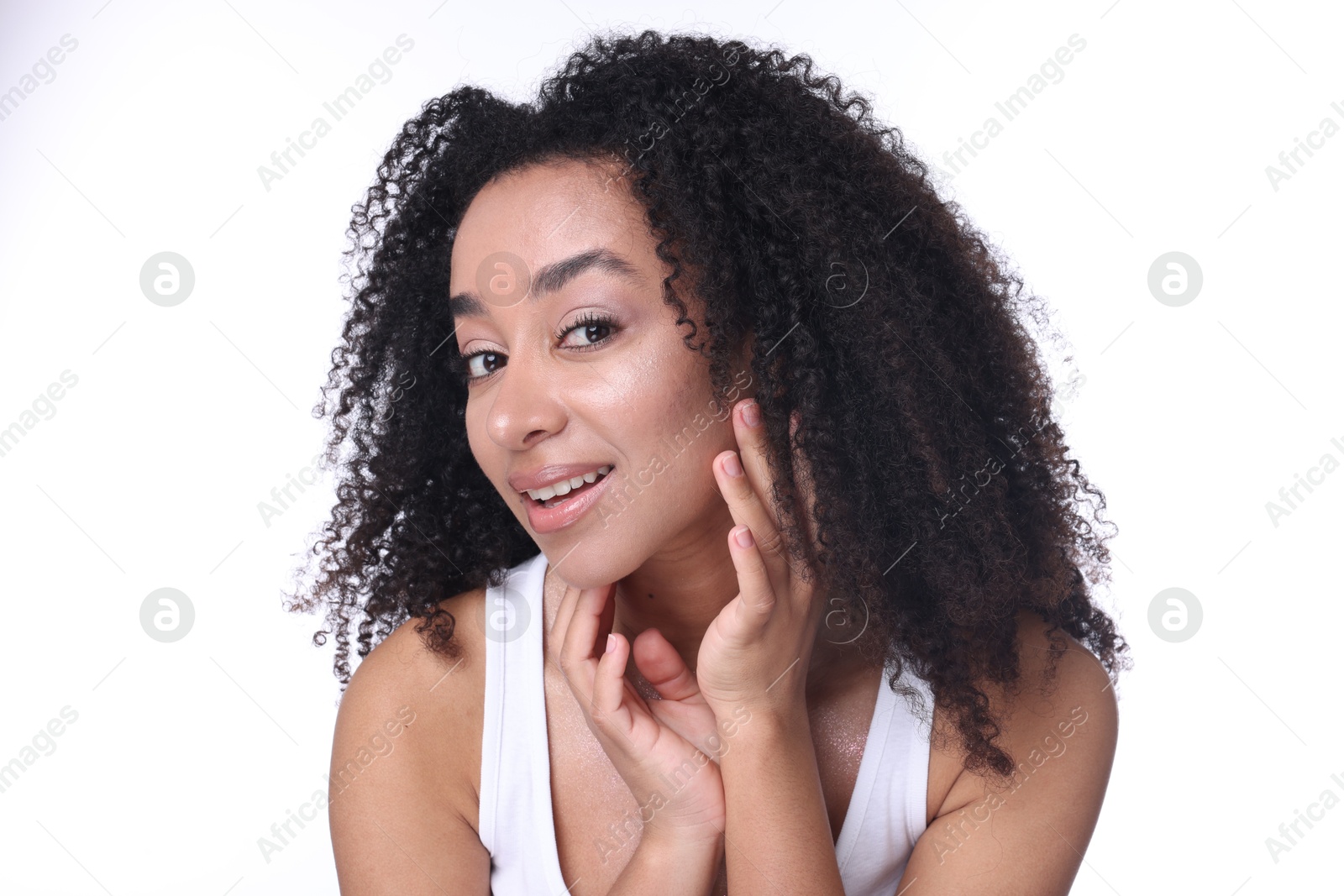 Beautiful Brazilian woman with healthy skin on white background Photo of Beautiful Brazilian woman with healthy skin on white background
