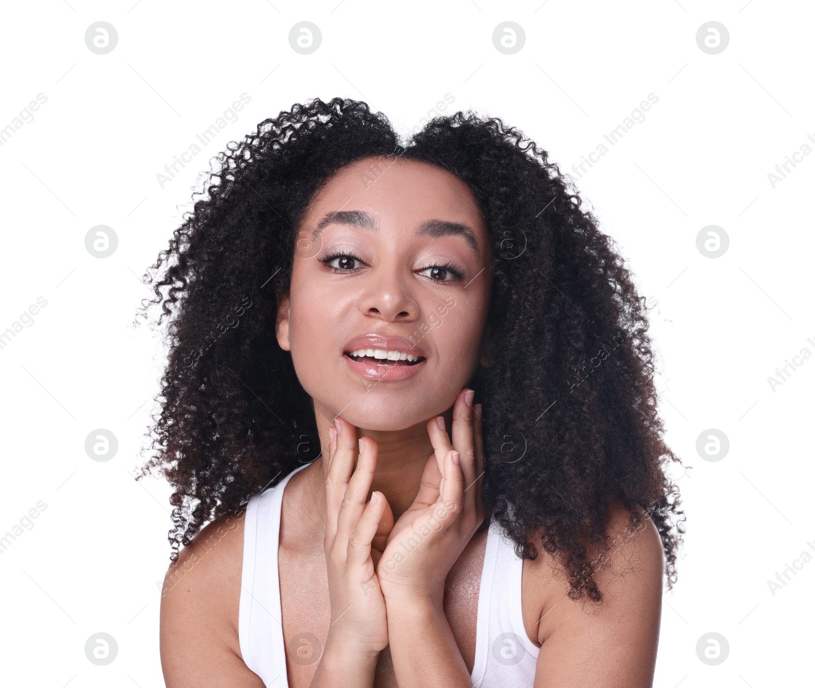 Beautiful Brazilian woman with healthy skin on white background Photo of Beautiful Brazilian woman with healthy skin on white background