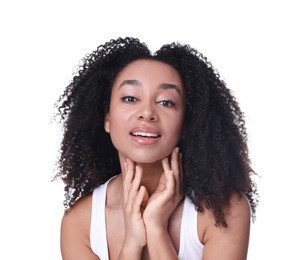Photo of Beautiful Brazilian woman with healthy skin on white background