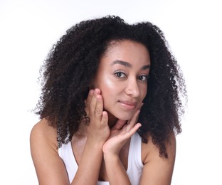 Photo of Beautiful Brazilian woman with healthy skin on white background