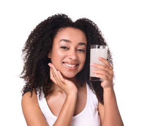 Photo of Beautiful Brazilian woman with glass of collagen water on white background