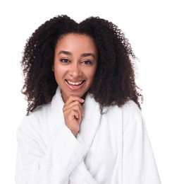 Photo of Beautiful Brazilian woman with healthy skin on white background