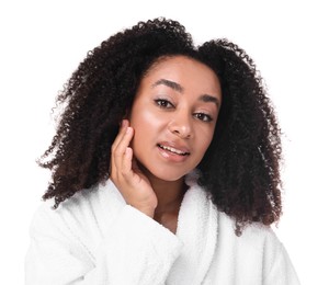 Photo of Beautiful Brazilian woman with healthy skin on white background