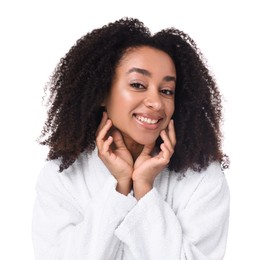 Photo of Beautiful Brazilian woman with healthy skin on white background