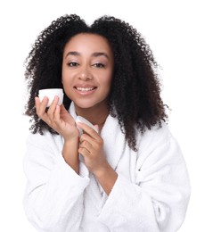 Photo of Beautiful Brazilian woman with jar of collagen cream on white background