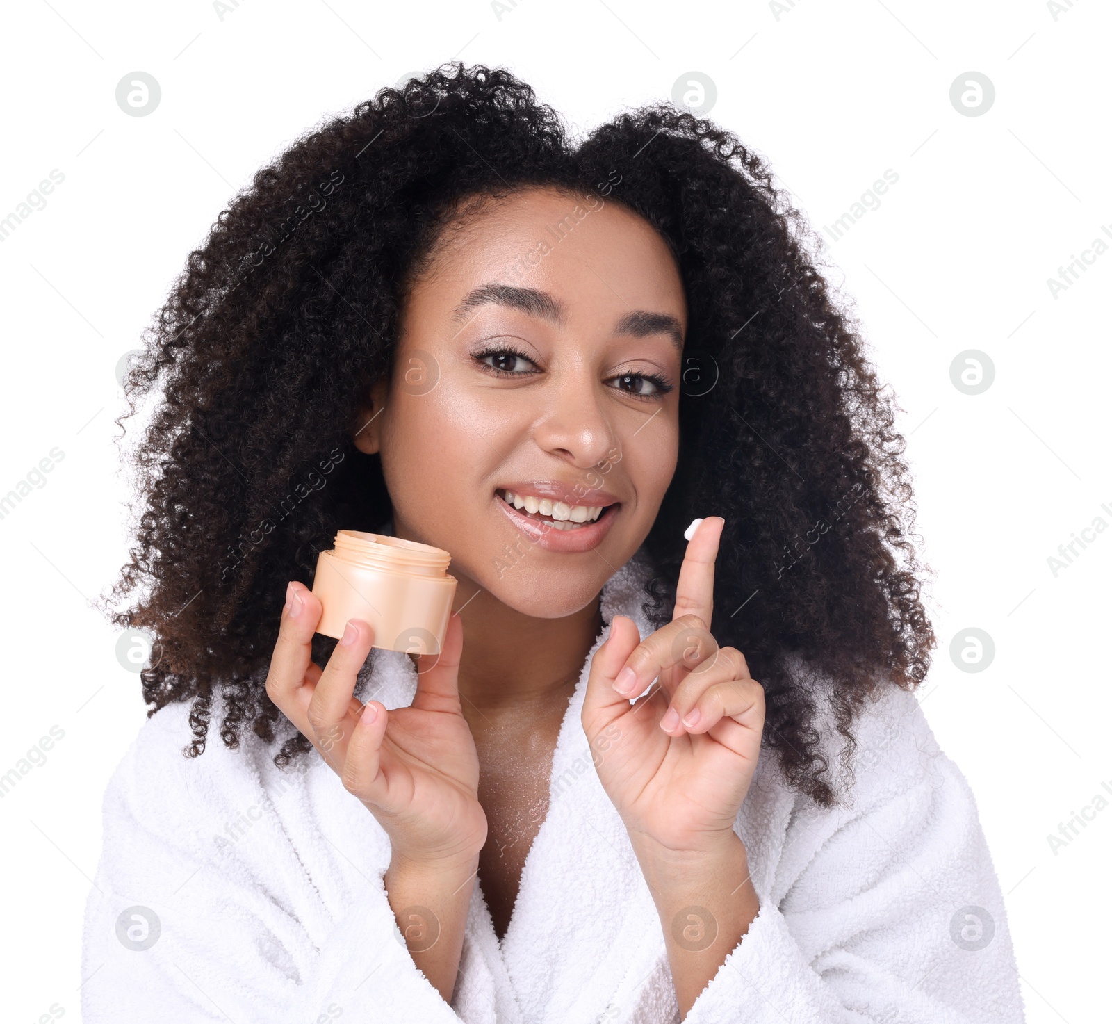 Beautiful Brazilian woman with jar of collagen cream on white background Photo of Beautiful Brazilian woman with jar of collagen cream on white background