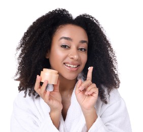 Photo of Beautiful Brazilian woman with jar of collagen cream on white background