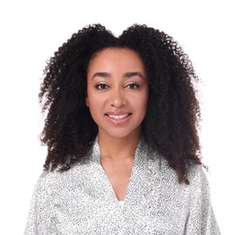 Photo of Beautiful Brazilian woman with healthy skin on white background