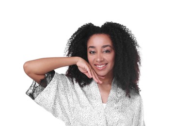 Photo of Beautiful Brazilian woman with healthy skin on white background