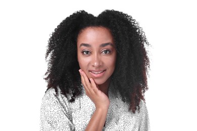 Photo of Beautiful Brazilian woman with healthy skin on white background