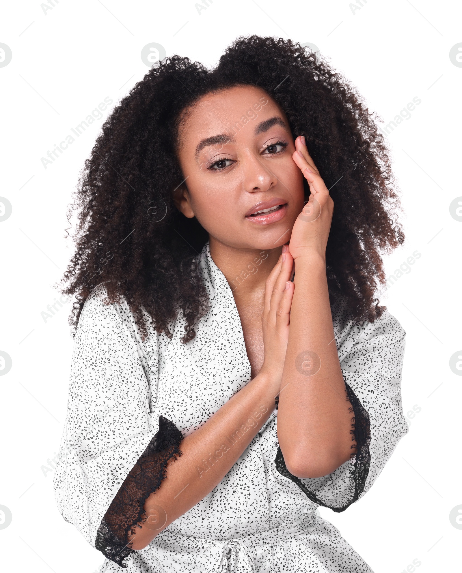 Beautiful Brazilian woman with healthy skin on white background Photo of Beautiful Brazilian woman with healthy skin on white background