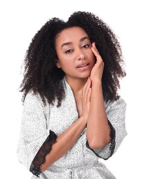 Photo of Beautiful Brazilian woman with healthy skin on white background