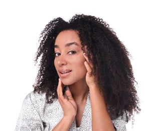 Photo of Beautiful Brazilian woman with healthy skin on white background