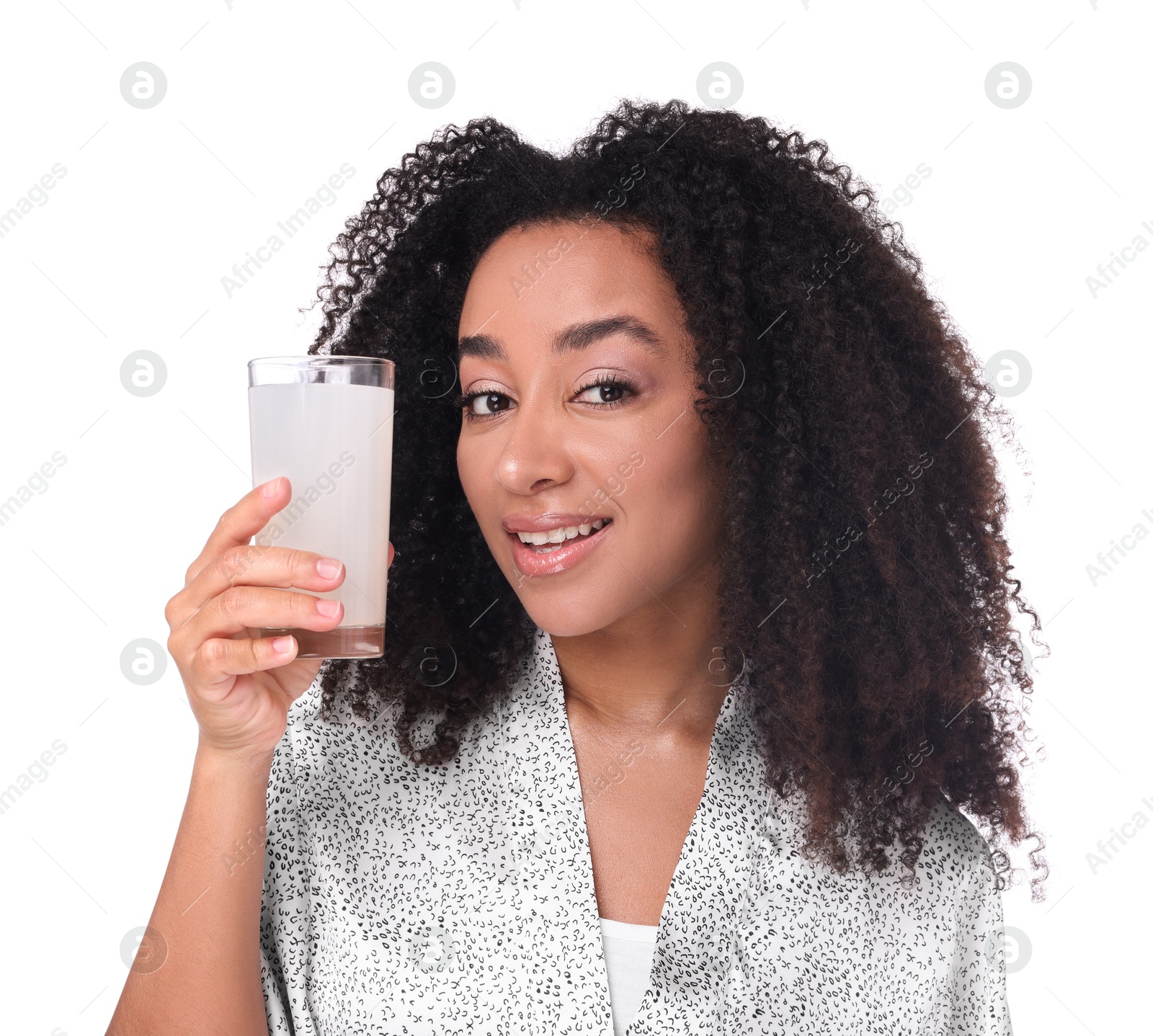 Beautiful Brazilian woman with glass of collagen water on white background Photo of Beautiful Brazilian woman with glass of collagen water on white background