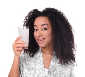 Photo of Beautiful Brazilian woman with glass of collagen water on white background