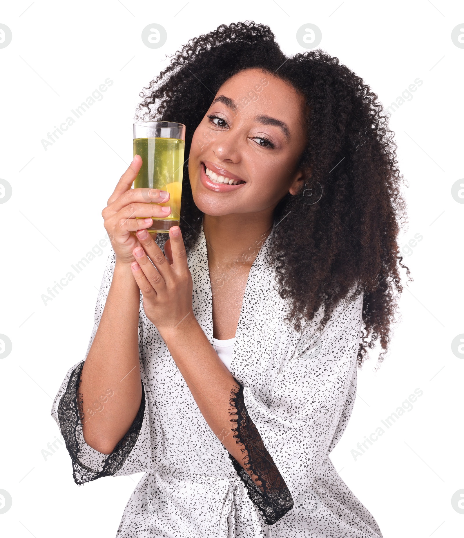 Beautiful Brazilian woman with glass of collagen water on white background Photo of Beautiful Brazilian woman with glass of collagen water on white background