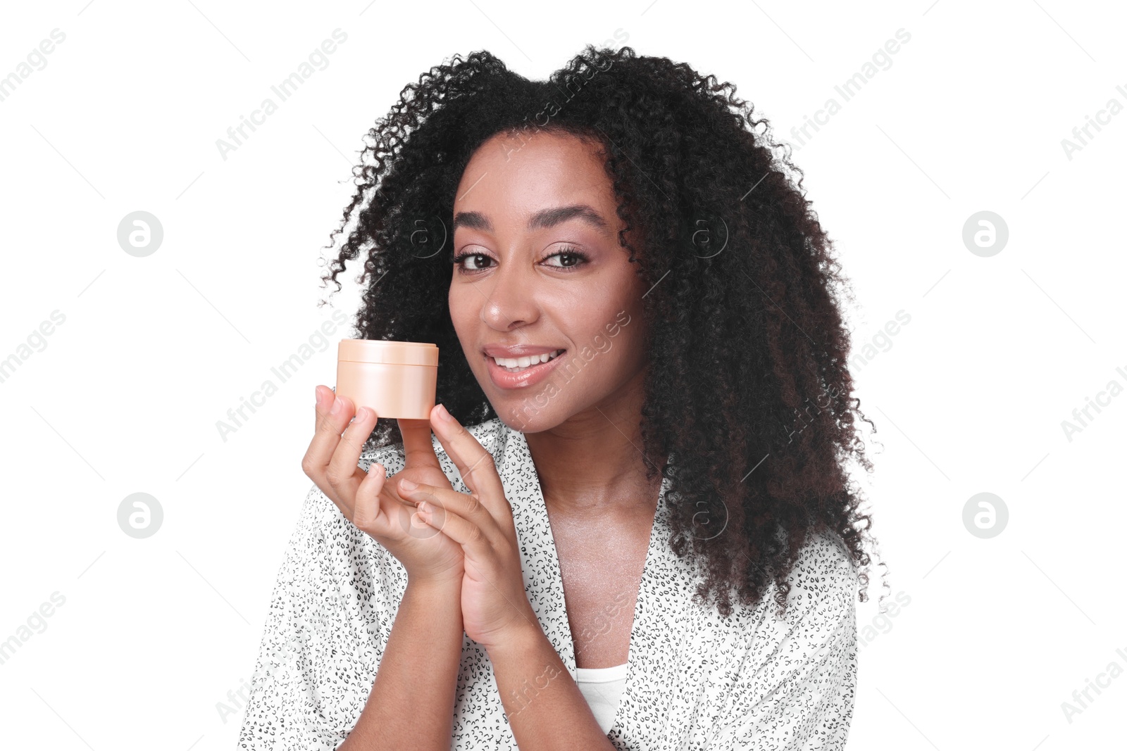 Beautiful Brazilian woman with jar of collagen cream on white background Photo of Beautiful Brazilian woman with jar of collagen cream on white background