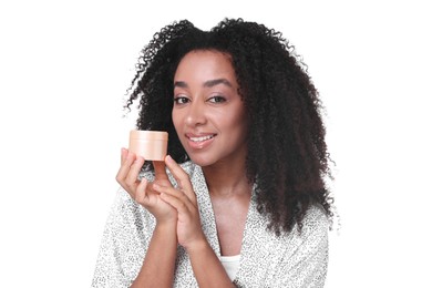 Photo of Beautiful Brazilian woman with jar of collagen cream on white background