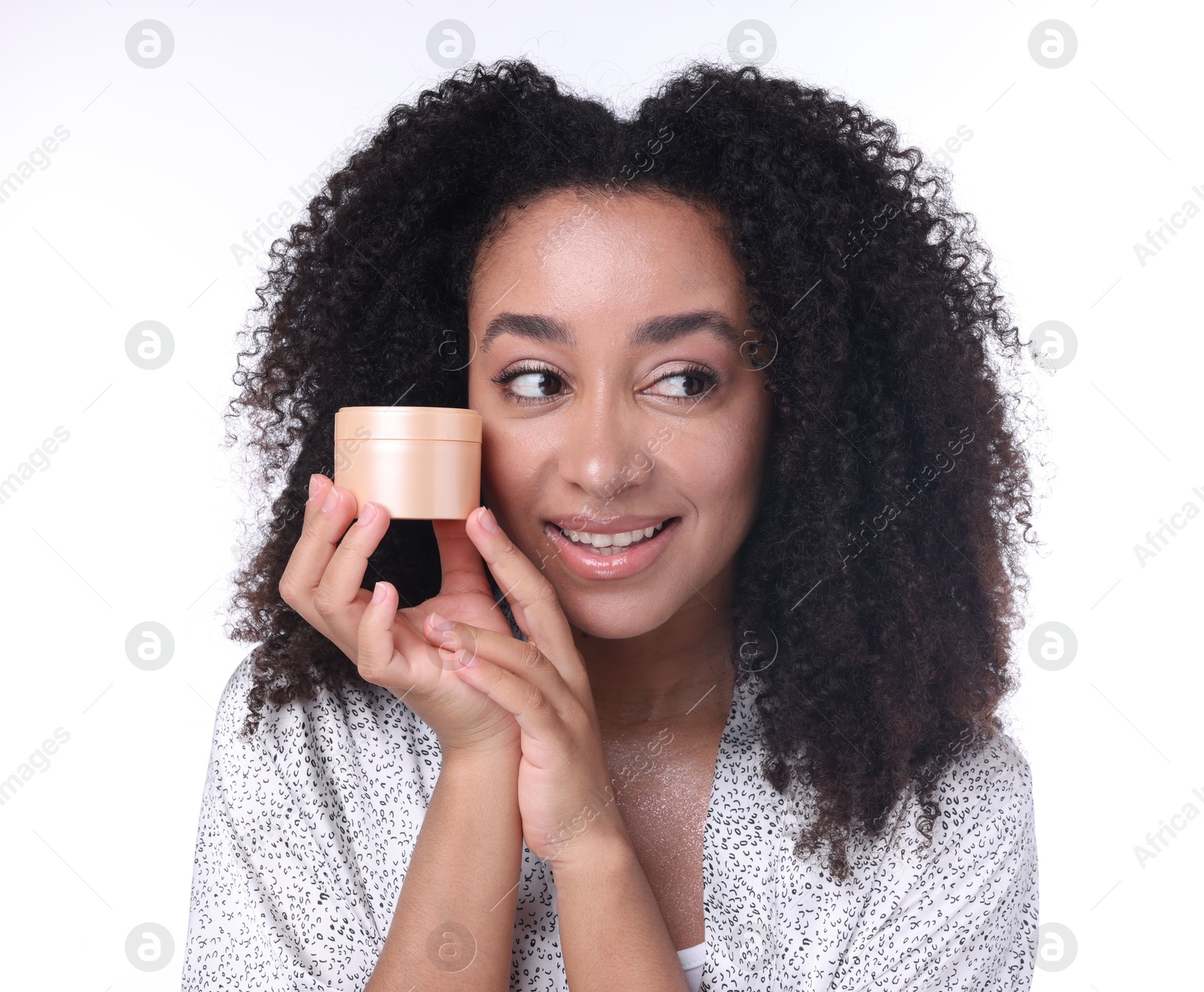 Beautiful Brazilian woman with jar of collagen cream on white background Photo of Beautiful Brazilian woman with jar of collagen cream on white background