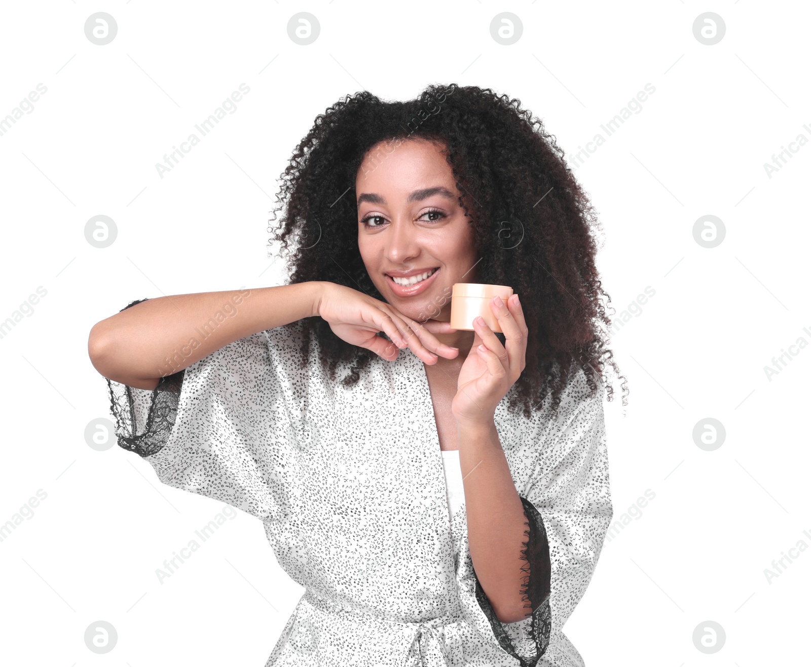 Beautiful Brazilian woman with jar of collagen cream on white background Photo of Beautiful Brazilian woman with jar of collagen cream on white background