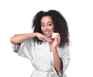 Photo of Beautiful Brazilian woman with jar of collagen cream on white background