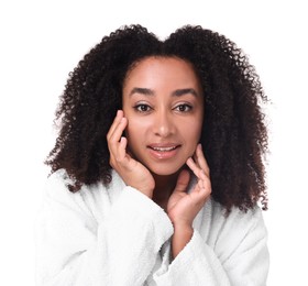 Photo of Beautiful Brazilian woman with healthy skin on white background