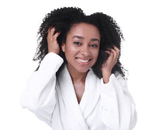 Photo of Beautiful Brazilian woman with healthy skin on white background
