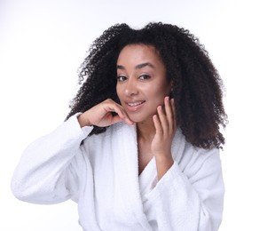 Photo of Beautiful Brazilian woman with healthy skin on white background