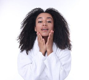 Photo of Beautiful Brazilian woman with healthy skin on white background