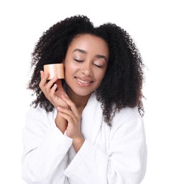 Photo of Beautiful Brazilian woman with jar of collagen cream on white background