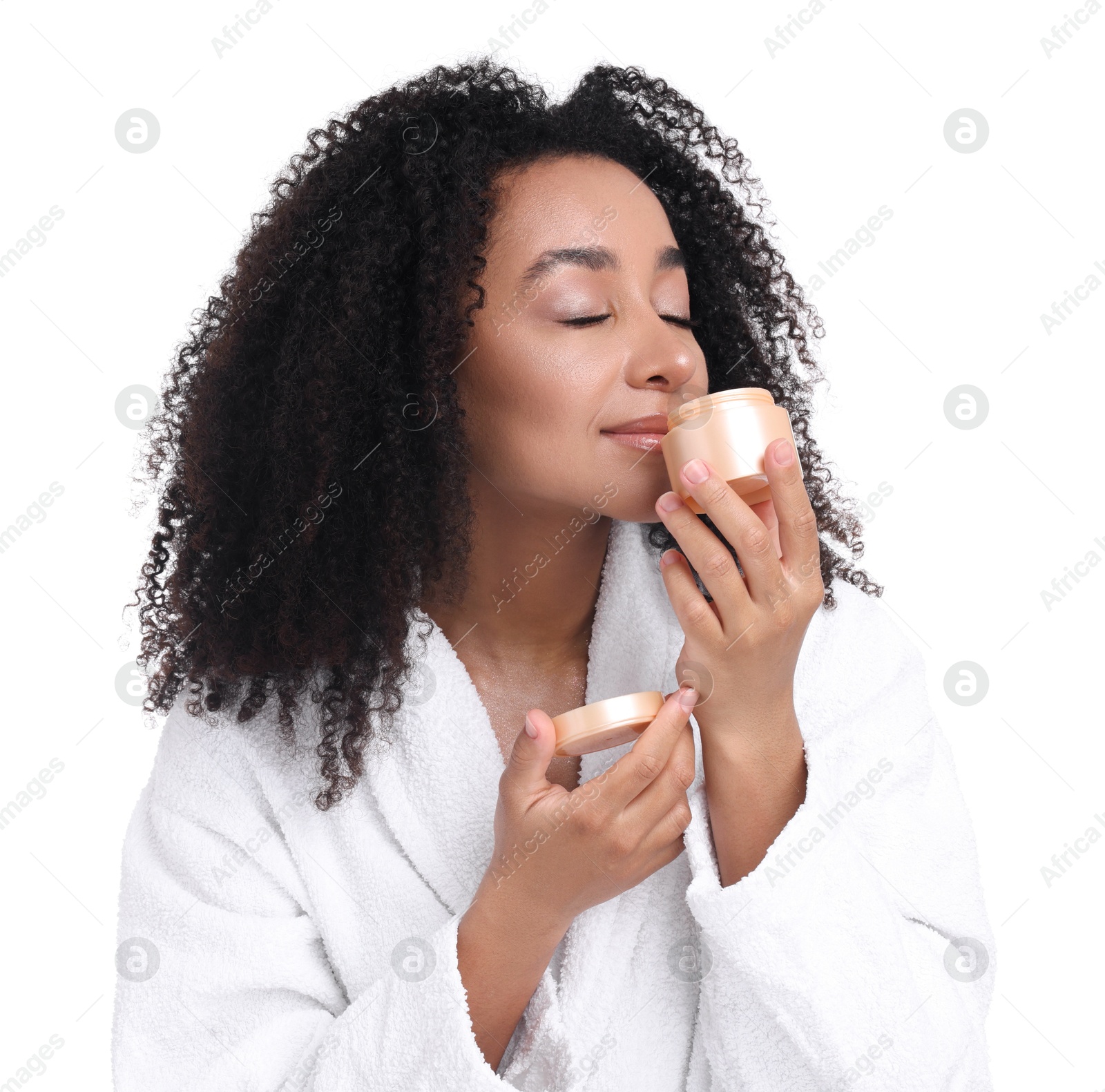 Photo of Beautiful Brazilian woman with jar of collagen cream on white background
